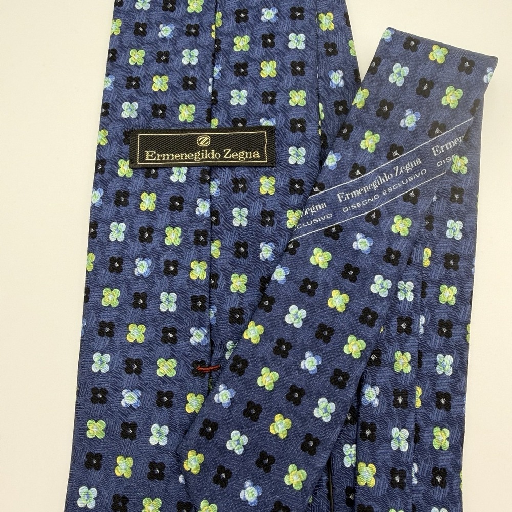 Ermenegildo Zegna Blue Tie with Green, Light Blue and Black Floral Pattern